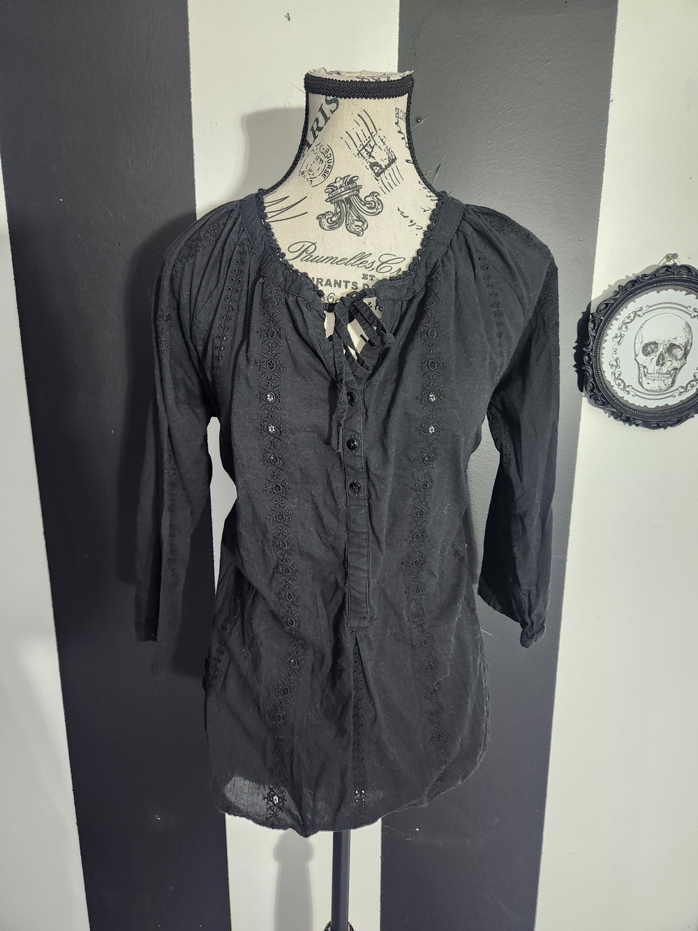 Black Eyelet Button-Front Peasant Blouse